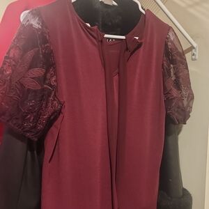 Elegant Maroon Lace Sleeve Blouse | Dressy Chic Top | Romantic Feminine Style